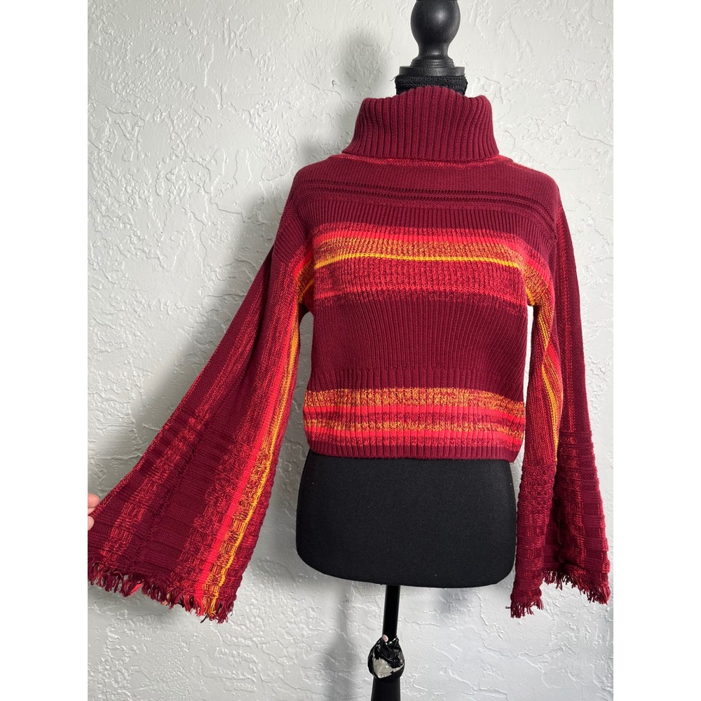 Free People XS Cropped Turtleneck Sweater Bell Sleeve Fringe Boho Red Orange